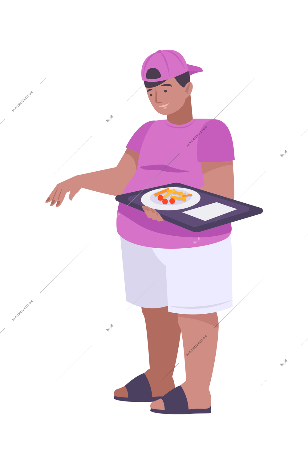 Flat plump guy carrying tray with lunch vector illustration