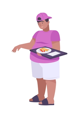 Flat plump guy carrying tray with lunch vector illustration