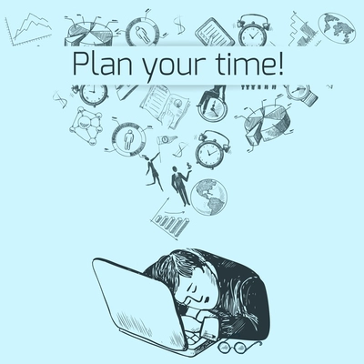 Time management poster sketch with business icons and sleeping man on notebook vector illustration