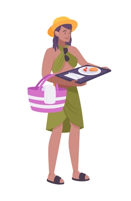 Woman holding tray with breakfast flat vector illustration