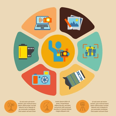 Photography photo equipment mode studio editing infographics set with pie chart vector illustration