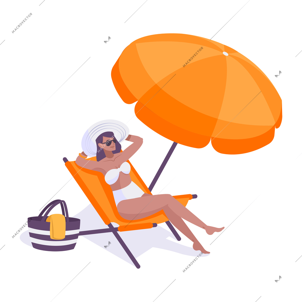 Woman relaxing under umbrella on beach flat vector illustration