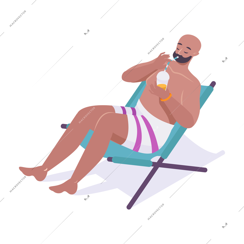 Man drinking cocktail on beach flat vector illustration