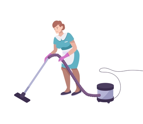 Flat woman cleaner in uniform hoovering room vector illustration