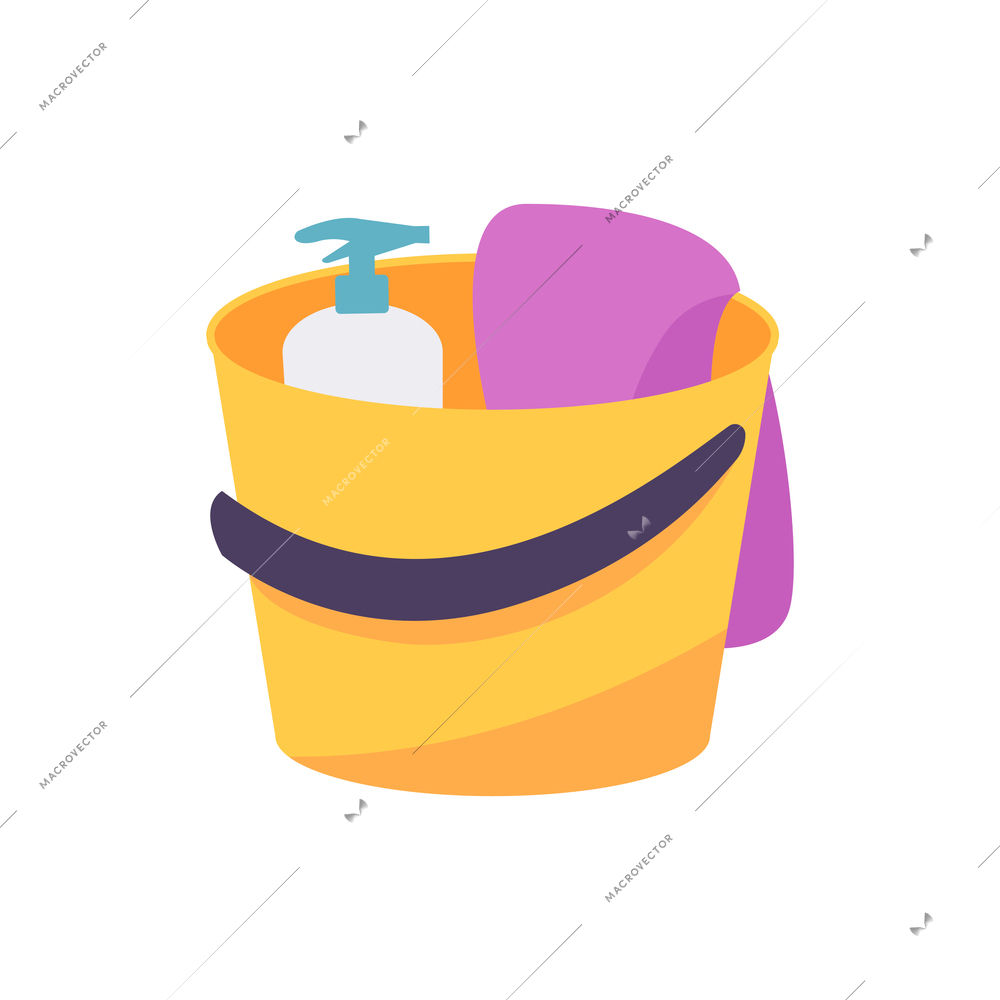 Tools for cleaning in yellow bucket flat vector illustration