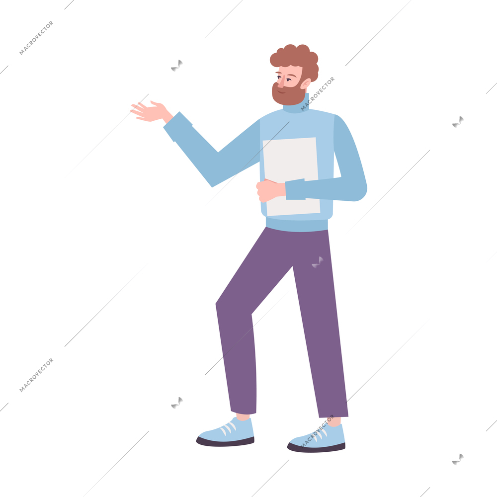 Flat icon with bearded male human character holding sheet of paper vector illustration