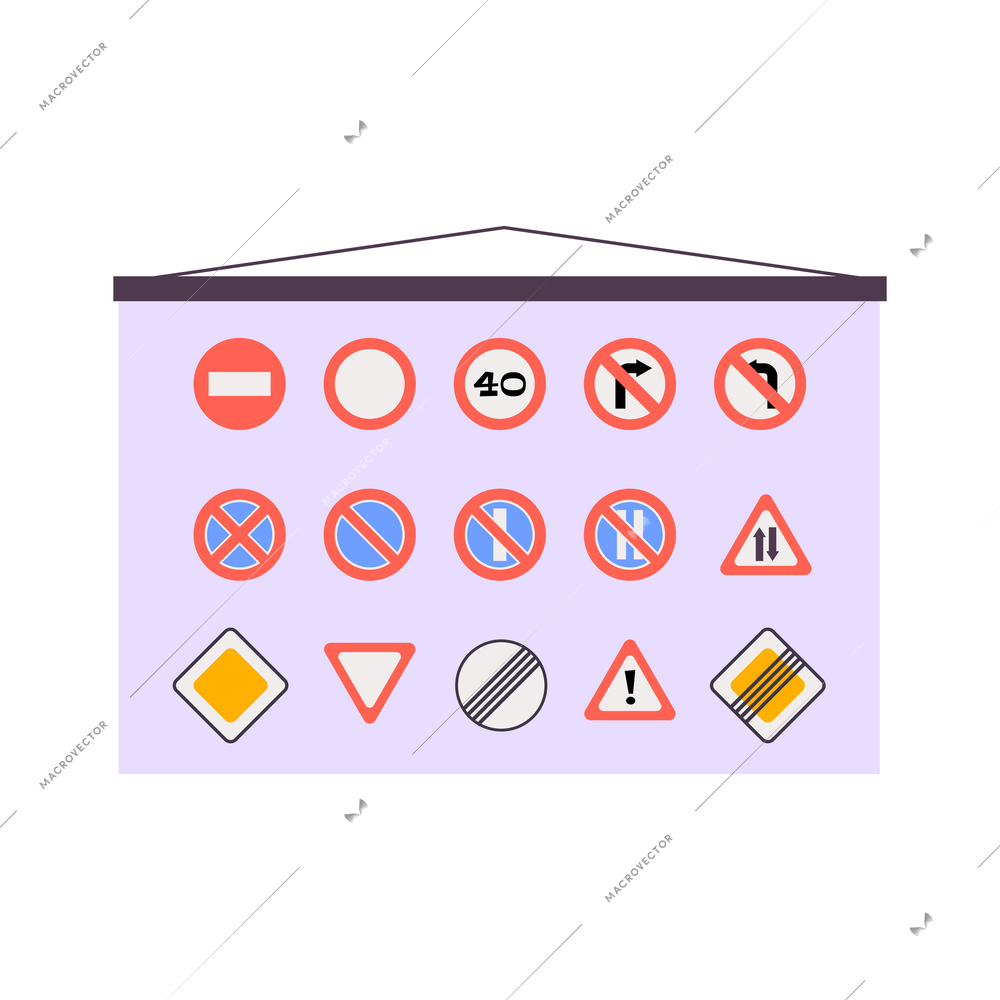 Driving school wall poster with road signs flat vector illustration