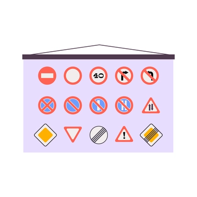 Driving school wall poster with road signs flat vector illustration