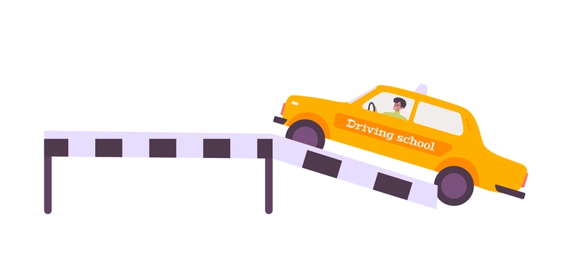 Driving school concept with car on platform flat vector illustration