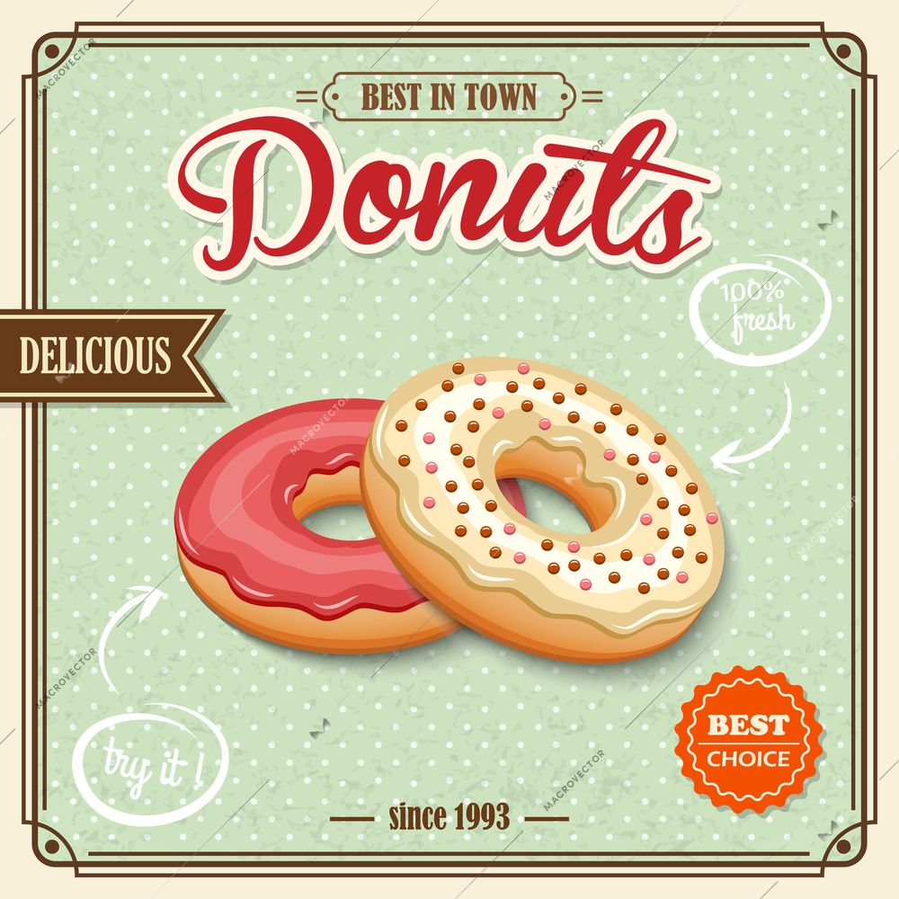 Tasty sugar pastry delicious donut dessert on cafe retro poster vector illustration