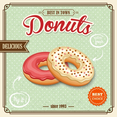 Tasty sugar pastry delicious donut dessert on cafe retro poster vector illustration