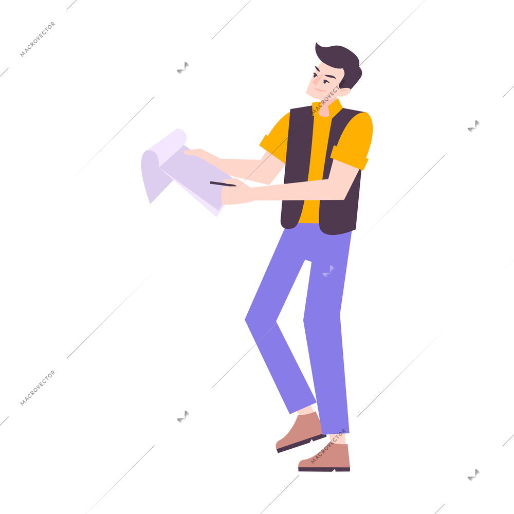 Man holding papers and pen flat icon on white background vector illustration