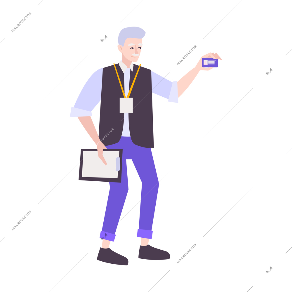 Elderly male driving school instructor on white background flat vector illustration