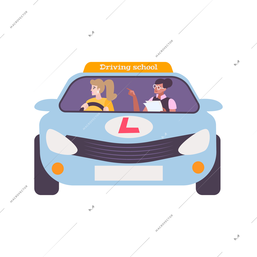 Driving school student and instructor in car flat vector illustration