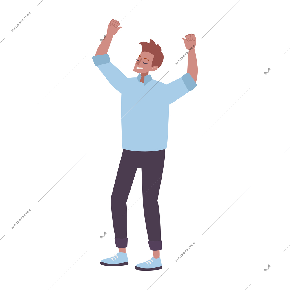 Happy man with raised hands on white background flat vector illustration