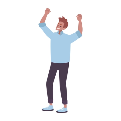 Happy man with raised hands on white background flat vector illustration