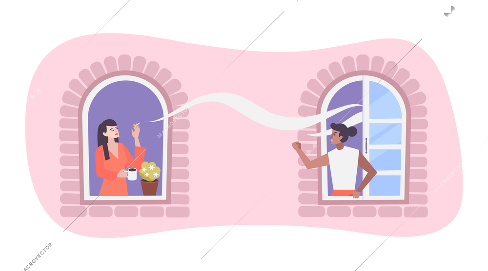 Angry woman and house neighbor smoking in next window flat vector illustration