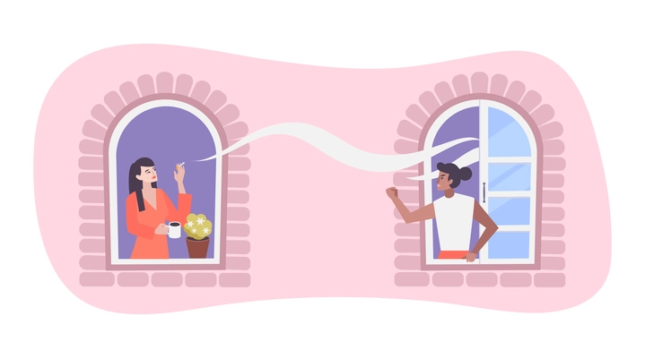 Angry woman and house neighbor smoking in next window flat vector illustration