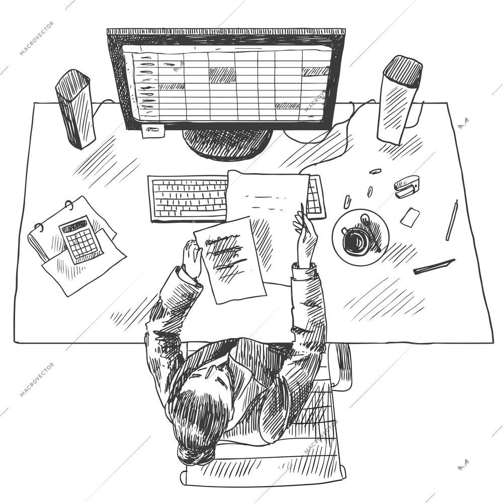 Accountant work place tools with woman sitting on table top view sketch vector illustration