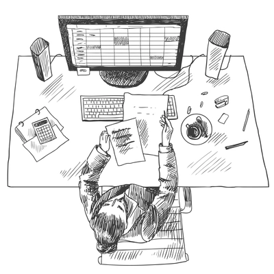 Accountant work place tools with woman sitting on table top view sketch vector illustration