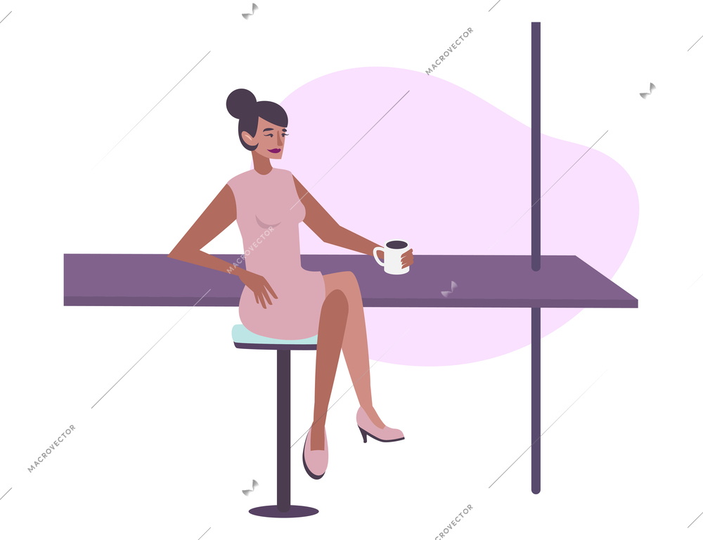 Woman with cup of coffee sitting at bar counter flat vector illustration