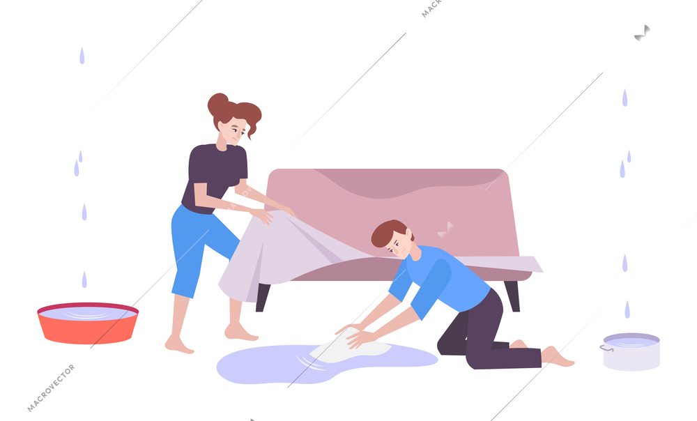 Flat design concept with people tidying flooded by neighbors house vector illustration