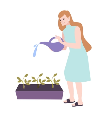 Woman watering house plants flat vector illustration