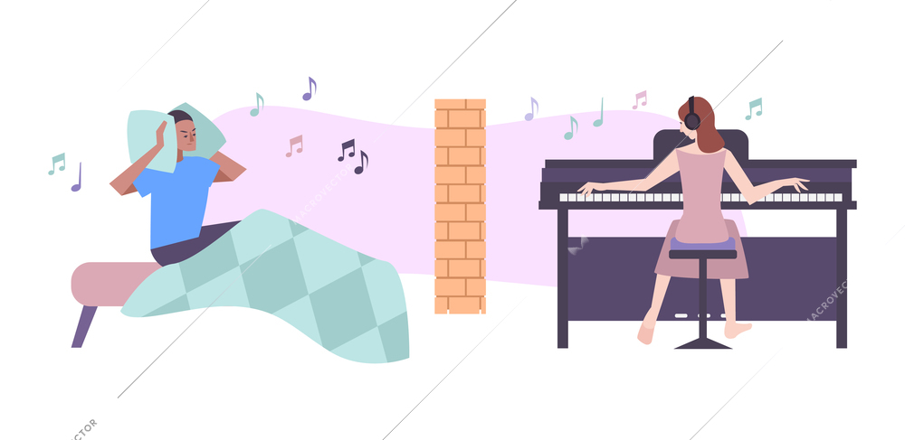 Flat concept with man cannot sleep because of neighbors playing music vector illustration