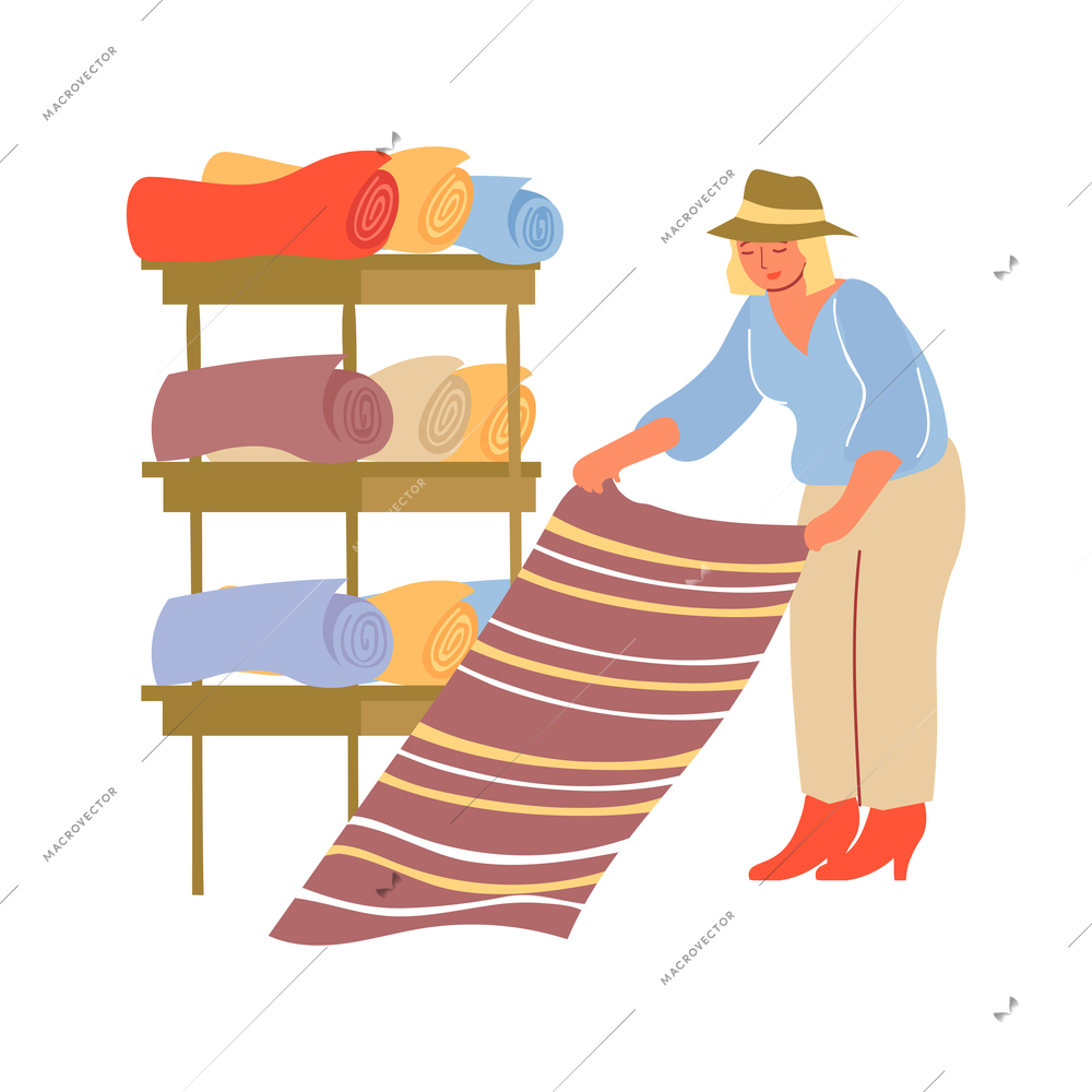 Human character choosing carpet at shop with shelves on background flat vector illustration