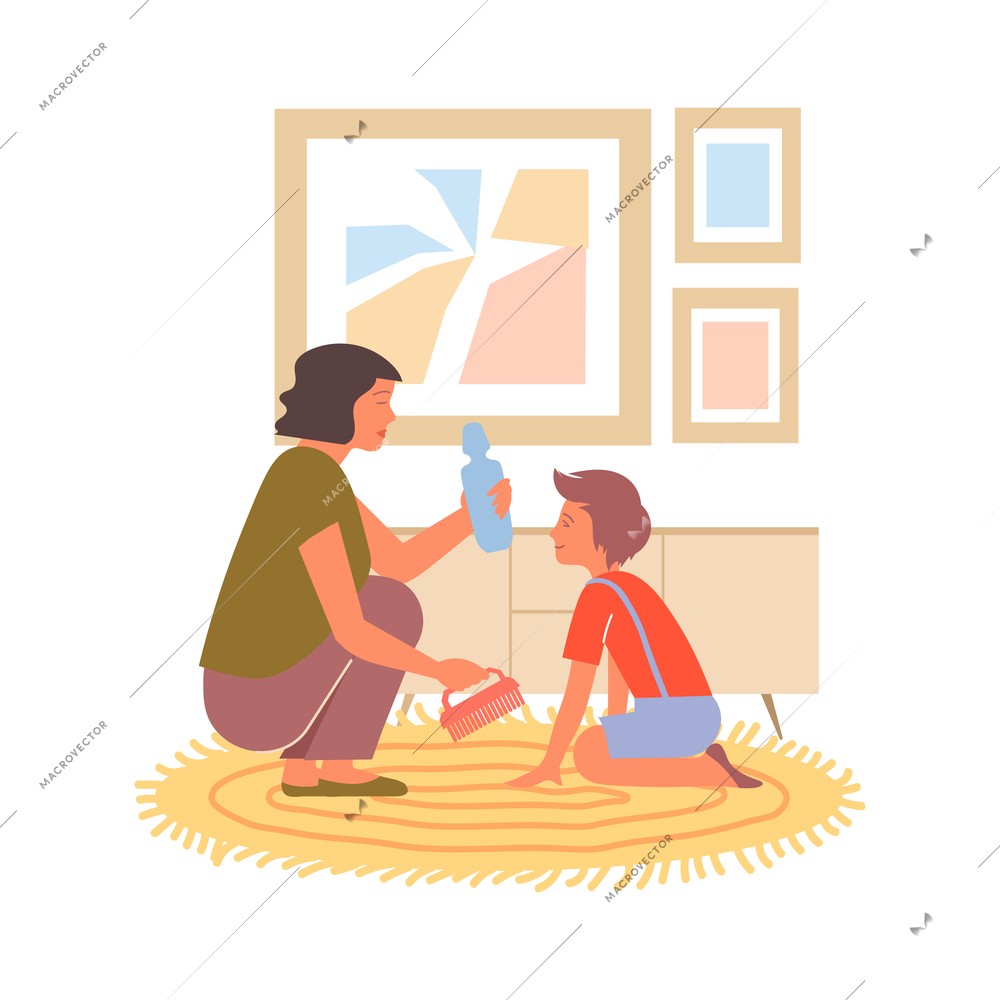 Woman and girl cleaning carpet in living room flat vector illustration