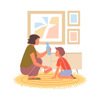 Woman and girl cleaning carpet in living room flat vector illustration