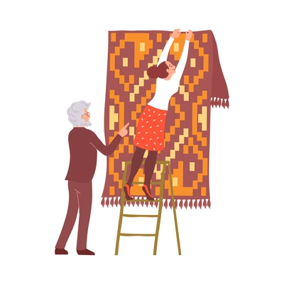 Two people hanging carpet at shop flat vector illustration