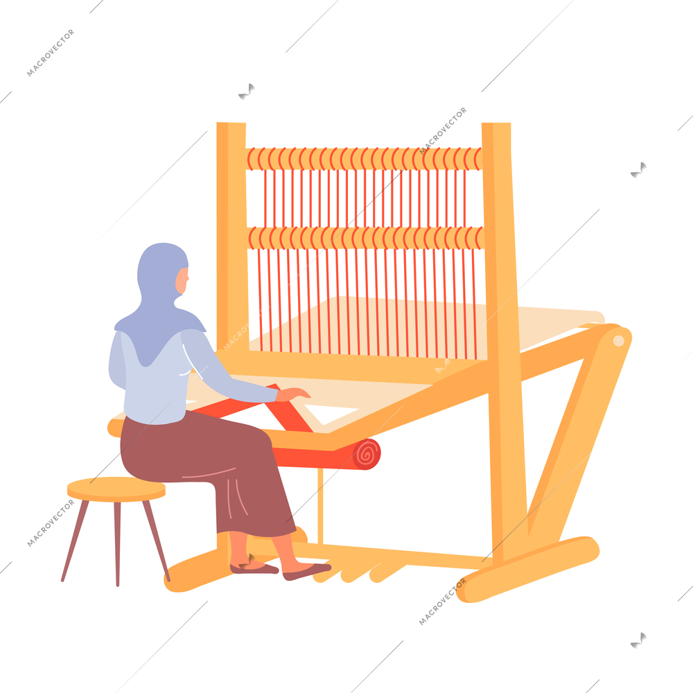 Arabic woman weaving carpet on weaver loom flat vector illustration