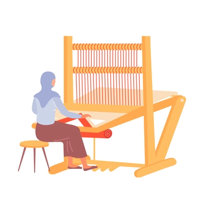 Arabic woman weaving carpet on weaver loom flat vector illustration