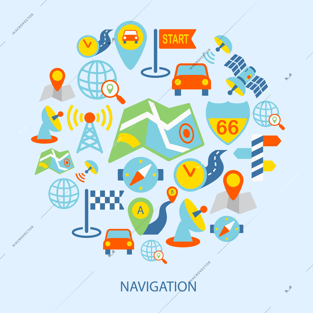 Mobile navigation geolocation routing mapping flat icons set vector illustration.