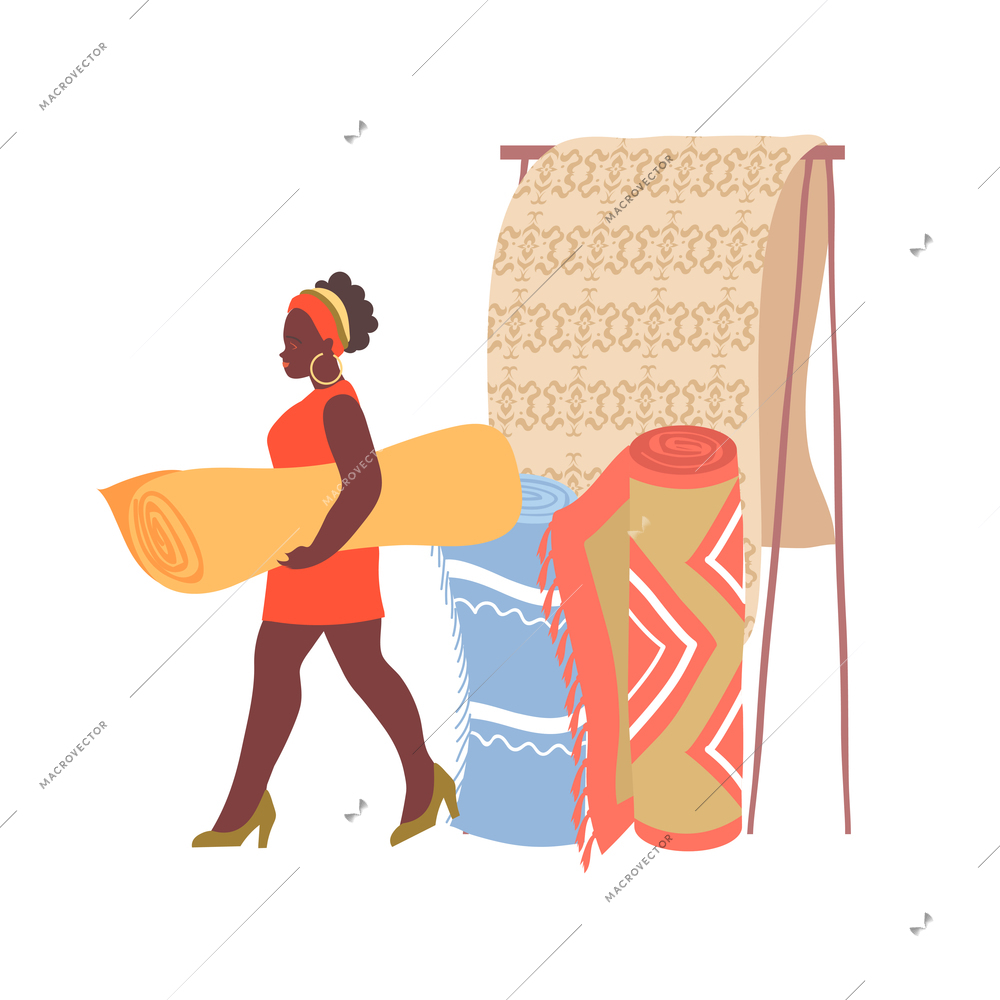 Woman in carpet interior shop flat vector illustration