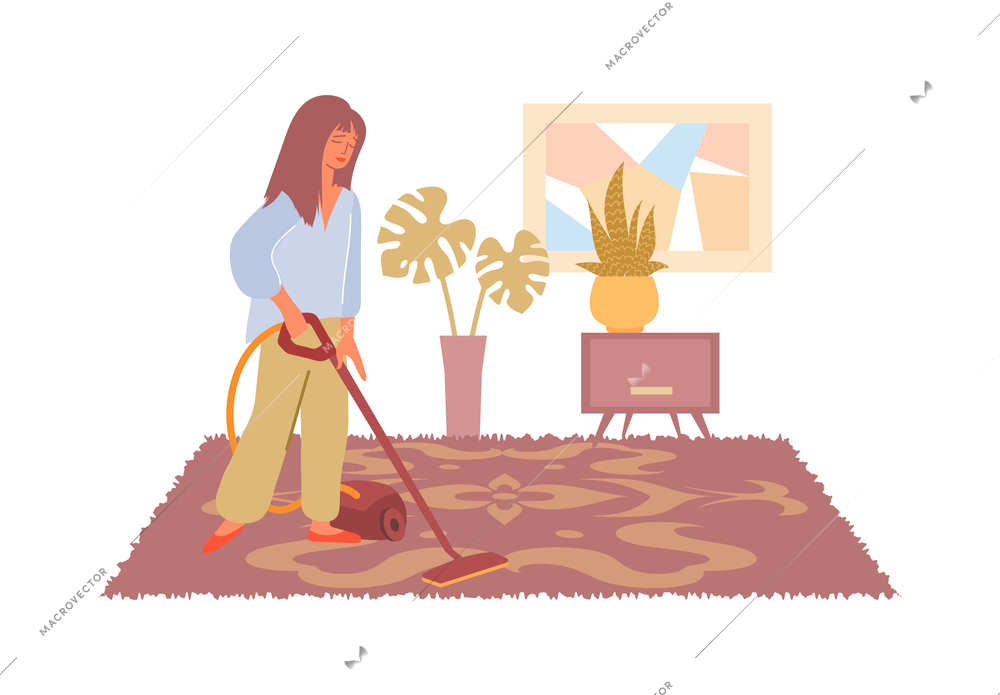 Woman vacuum cleaning carpet with ornament in living room flat vector illustration