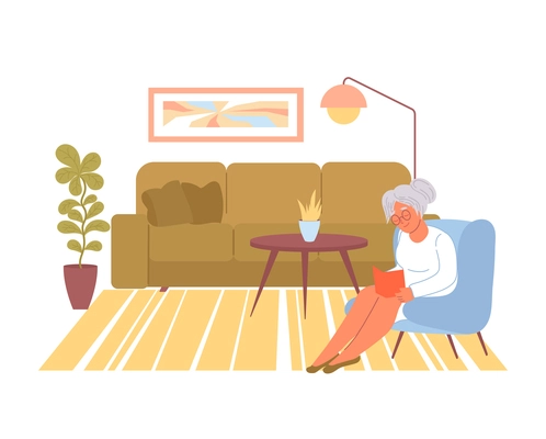 Woman reading in living room with carpet on floor flat vector illustration