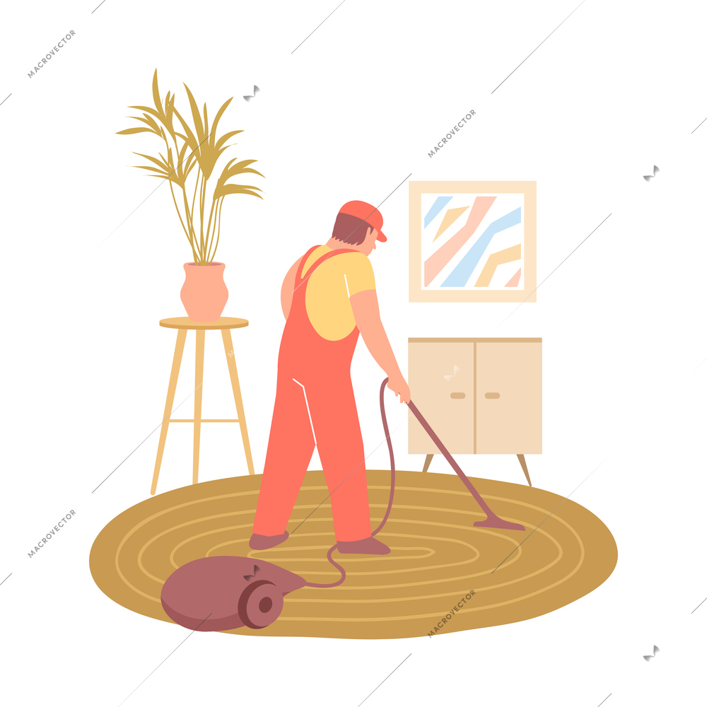 Man from cleaning service hoovering carpet in living room flat vector illustration