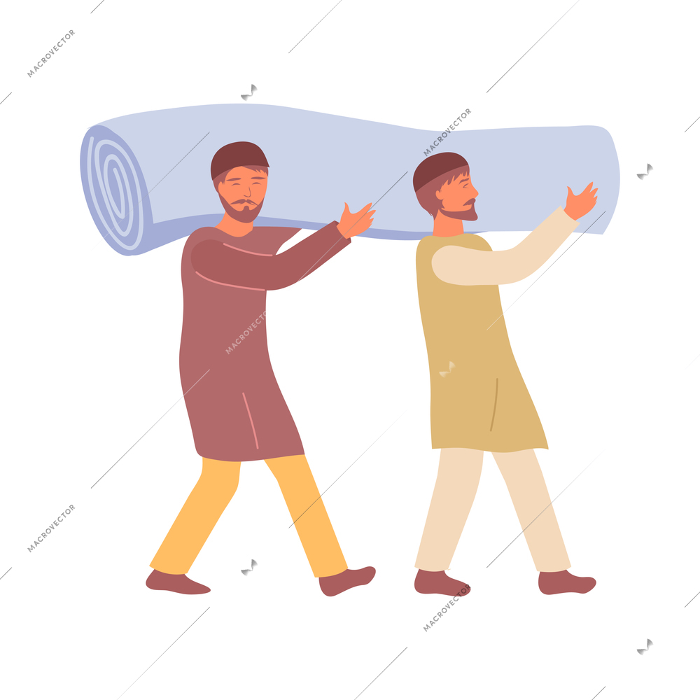 Two men carrying carpet flat vector illustration