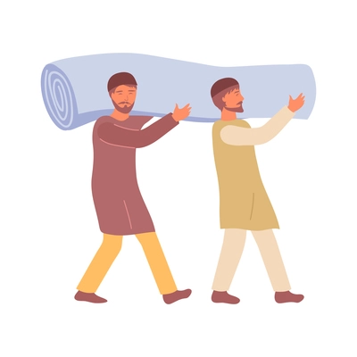 Two men carrying carpet flat vector illustration