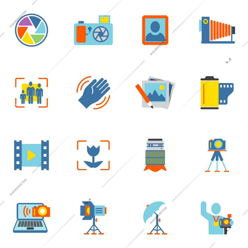 Photography equipment digital camera icons flat isolated vector illustration