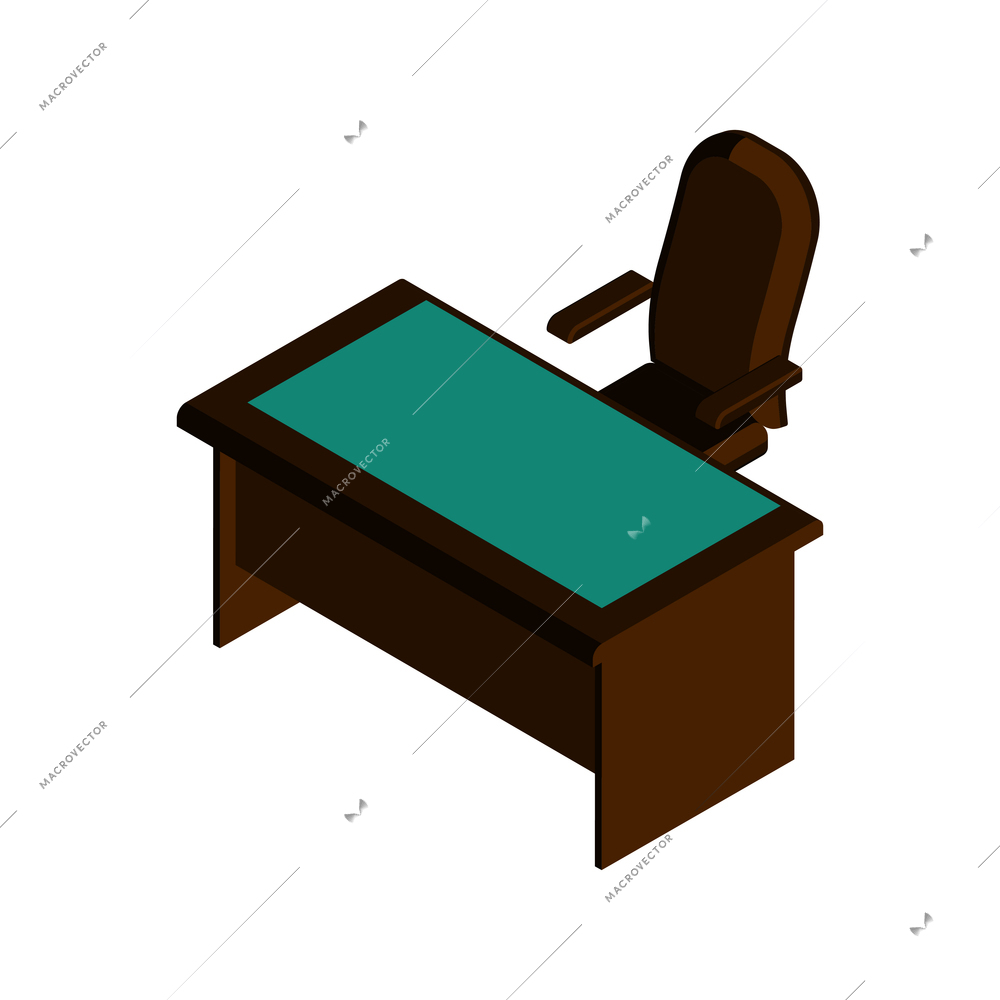 Office work place with desk and soft chair 3d isometric vector illustration