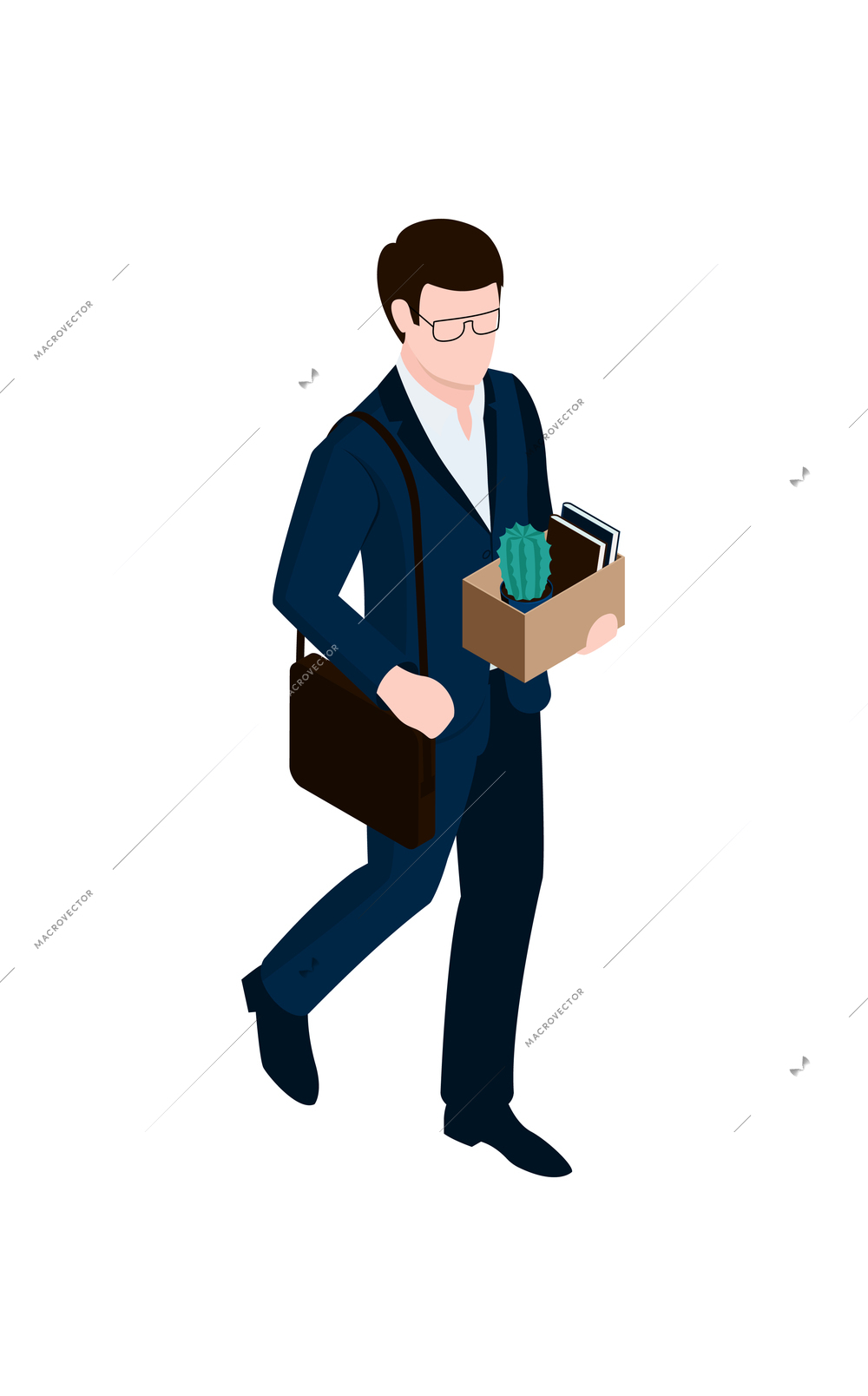 Male office employee carrying personal things in box 3d isometric vector illustration