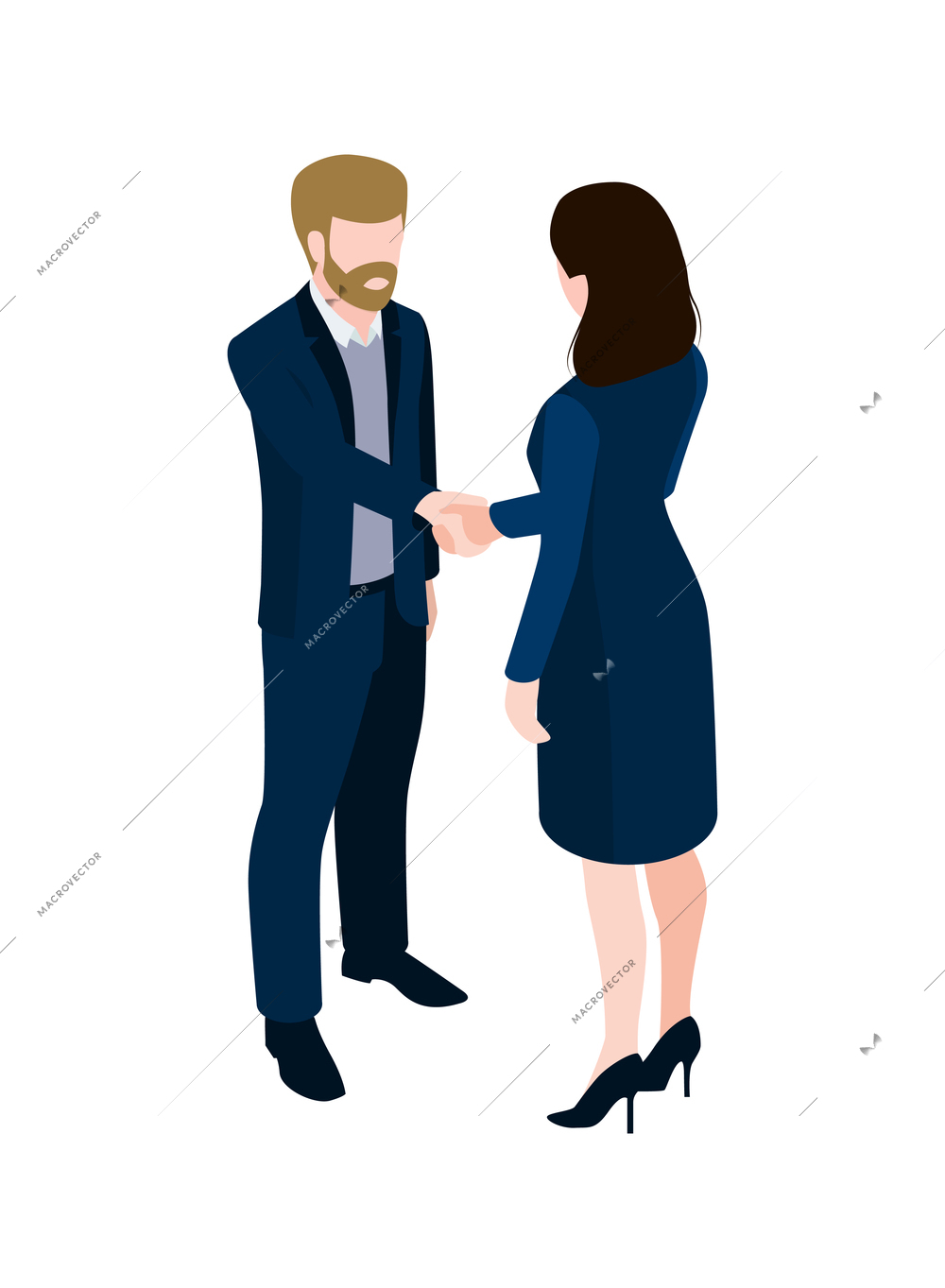 Two people in office wear shaking hands 3d isometric vector illustration