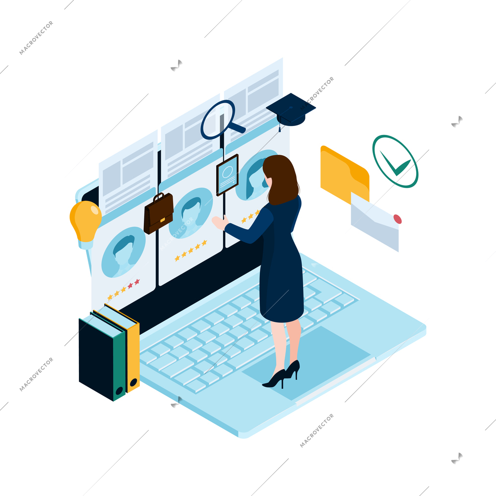 Recruiting agent searching for job applicants online 3d isometric vector illustration