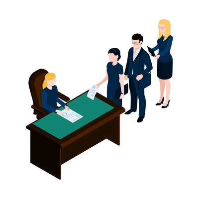 Job candidates staying in line to recruiting agent 3d isometric vector illustration