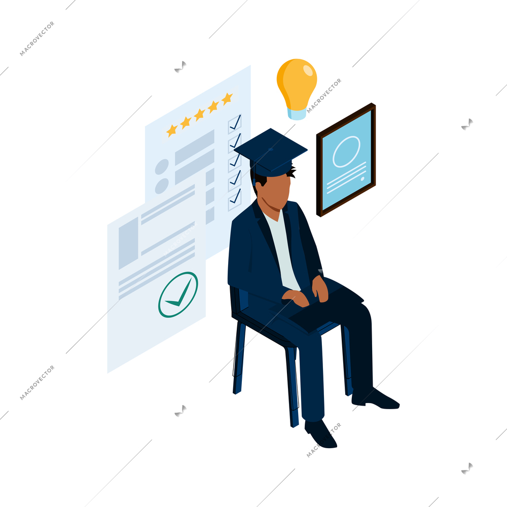 Recruiting isometric concept with job candidate in graduation cap on white background 3d vector illustration