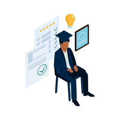 Recruiting isometric concept with job candidate in graduation cap on white background 3d vector illustration