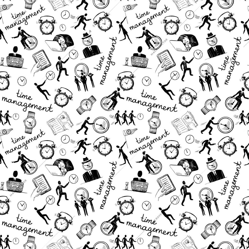 Time management seamless pattern with business sketch icons vector illustration